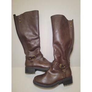 Women Size 9.5 Riding Combat Boots Low Heel Round Toe Zip Up Mid Calf Buckle